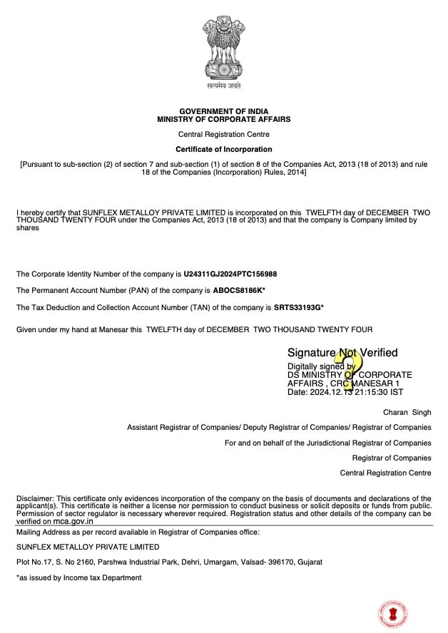 Sunflex Metalloy Certificate of Incorporation