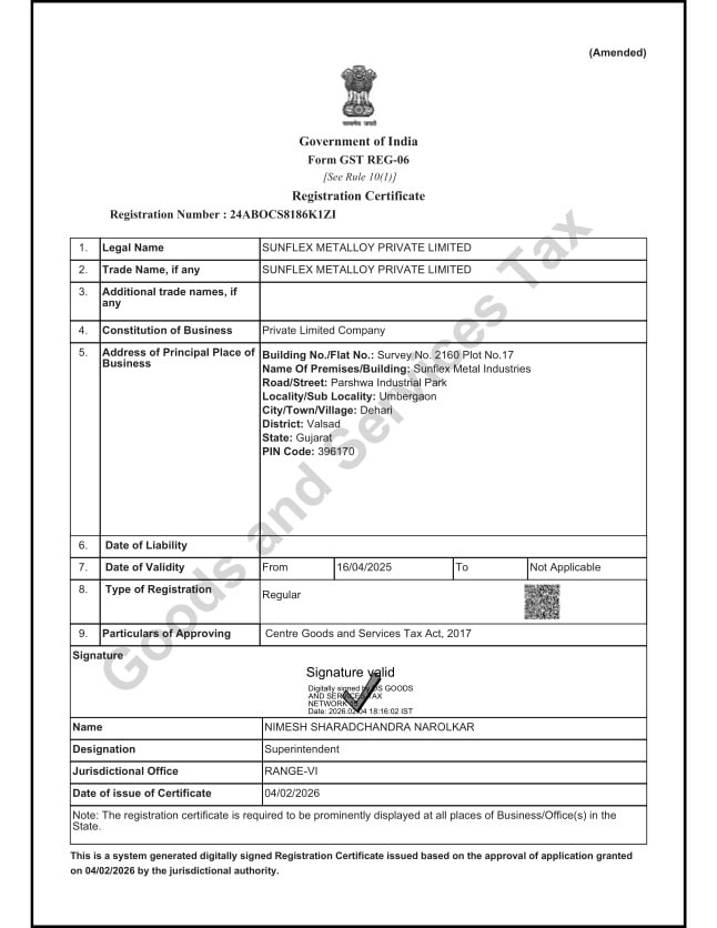 Sunflex Metalloy Pvt Ltd GST